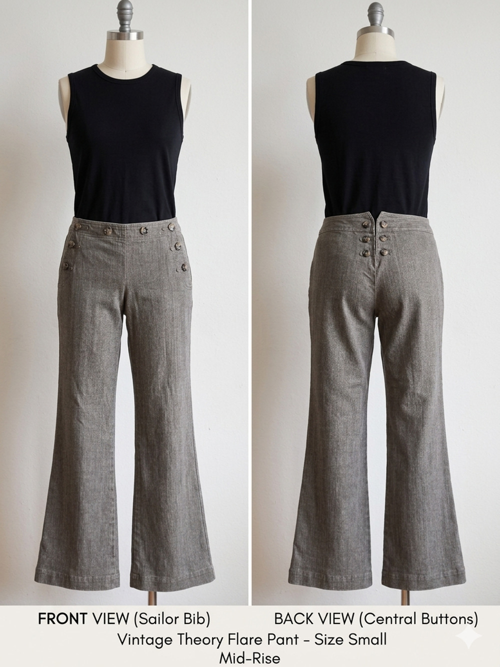 Vintage Theory Sailor Pants Gray Flare bell bottom Rare back Button Y2k Sz-4